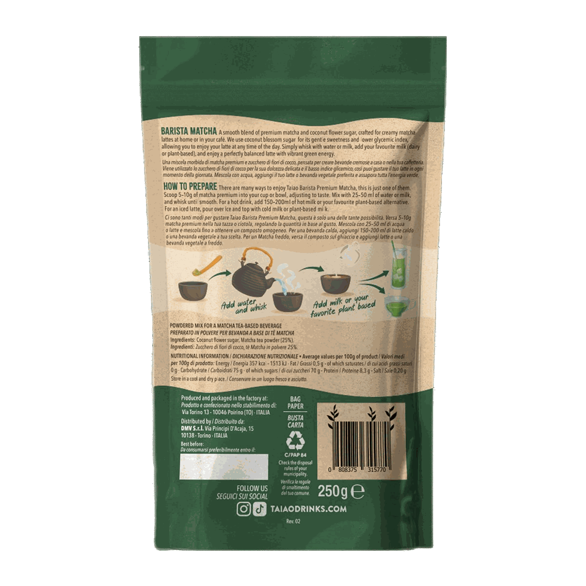Retro etichetta TAIAO Matcha Barista Premium 250 g con ingredienti e istruzioni