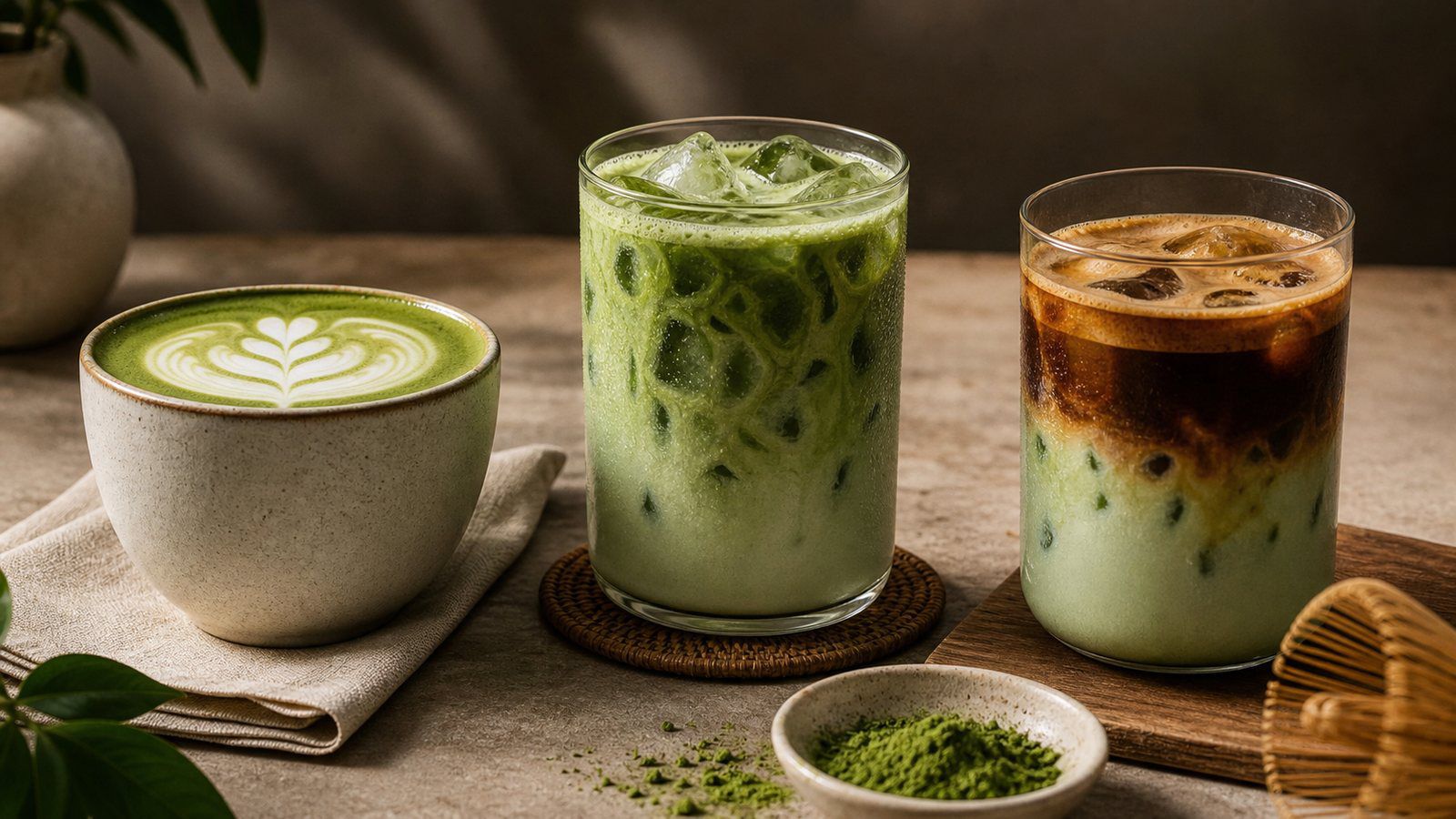 Tre preparazioni con matcha: matcha latte caldo con latte art, matcha latte freddo con ghiaccio e dirty matcha con espresso