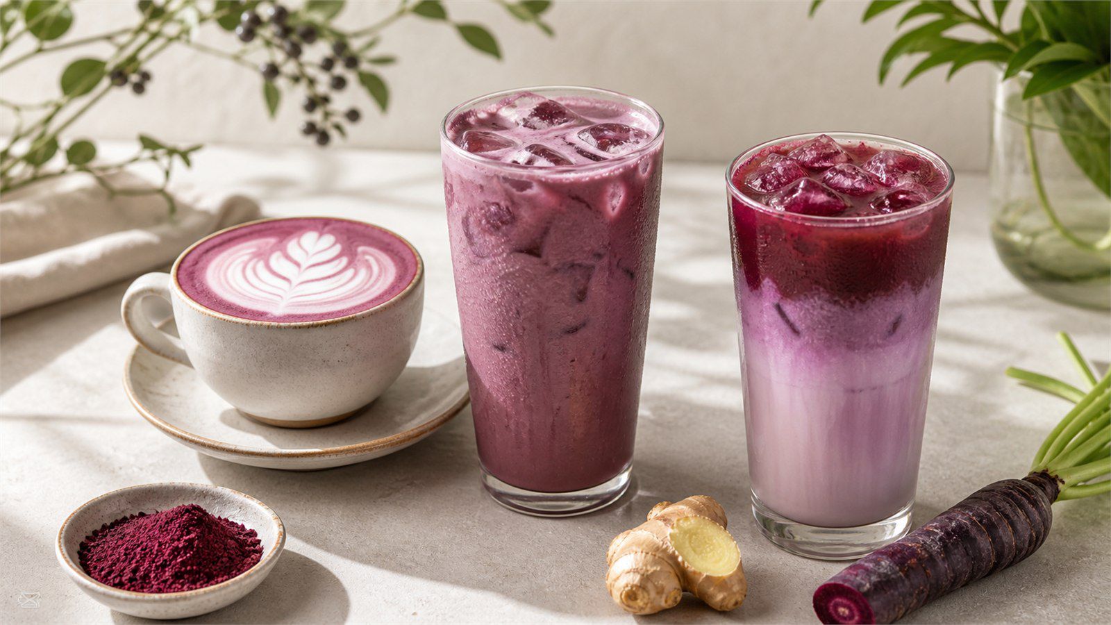 Tre preparazioni di açaí latte: caldo con latte art, freddo con ghiaccio e stratificato con bevanda vegetale