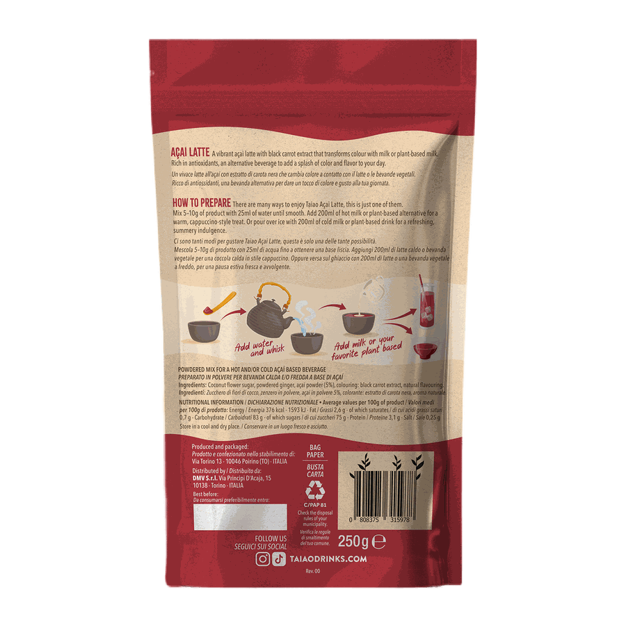 Retro etichetta TAIAO Superfood Acai Latte 250 g con ingredienti e istruzioni