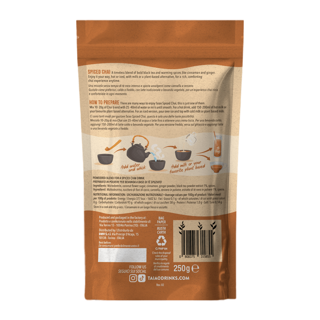 Retro della confezione di TAIAO Chai Spiced da 250 g con ingredienti e istruzioni