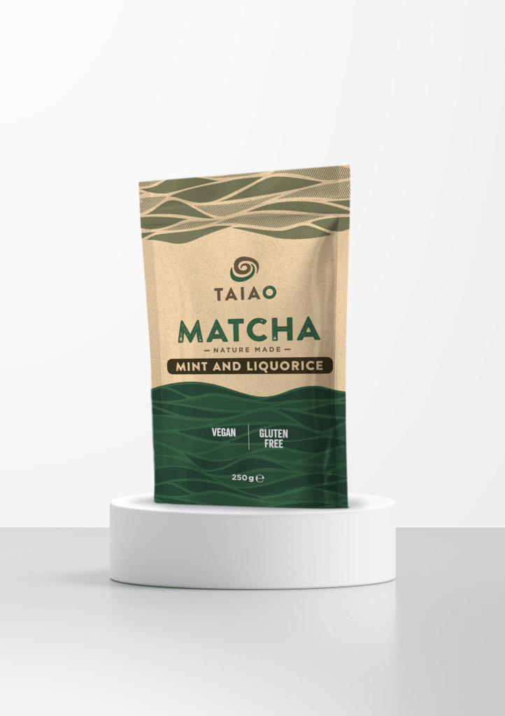 Confezione frontale da 250 g di TAIAO Matcha Mint and Liquorice