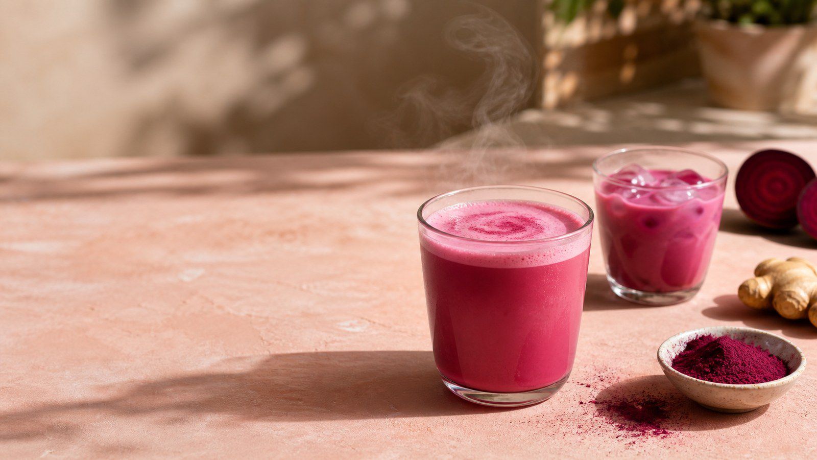 Bevanda rosa alla barbabietola servita calda e fredda