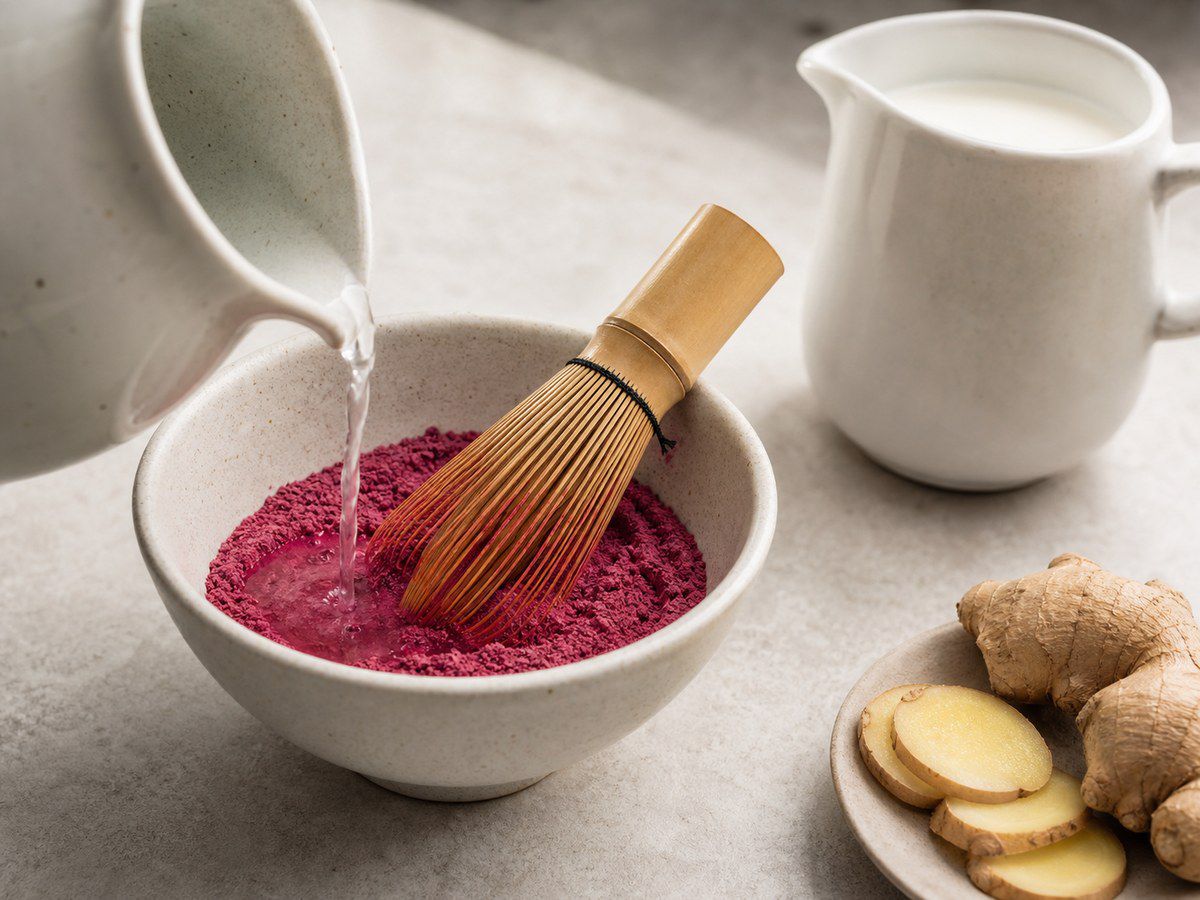 Preparazione di una bevanda rosa alla barbabietola in una ciotola