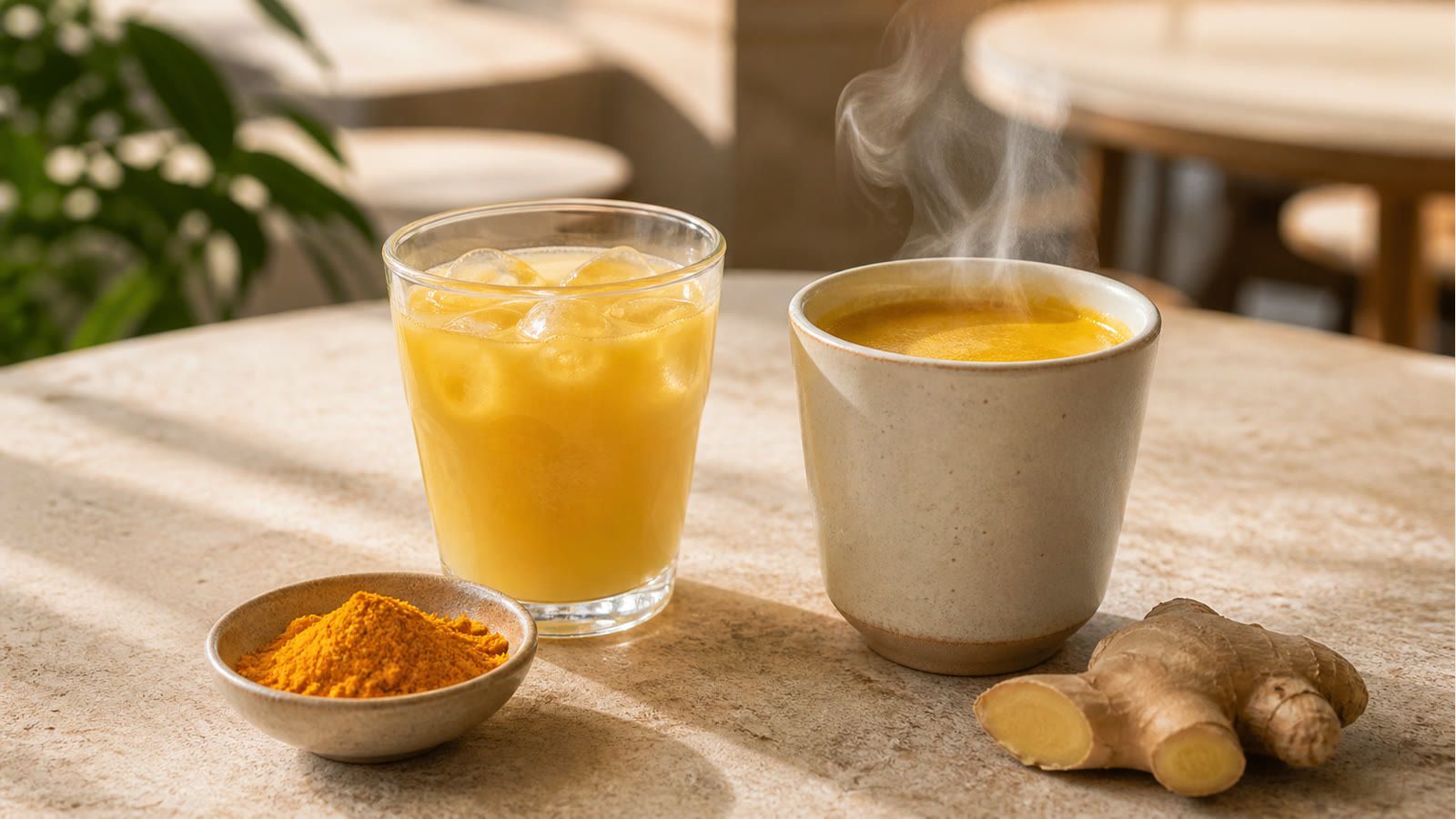 Bevanda alla curcuma servita calda e fredda