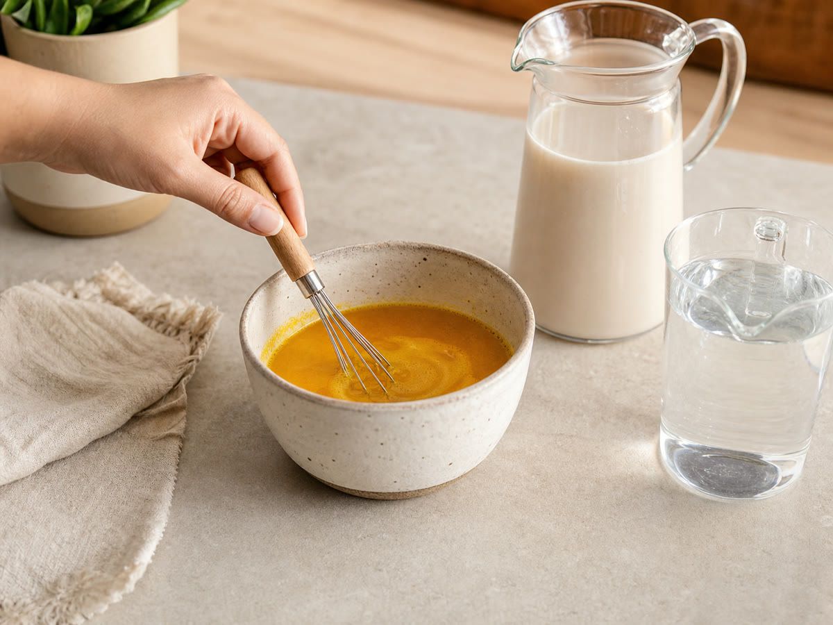 Preparazione di una bevanda alla curcuma con acqua e bevanda vegetale