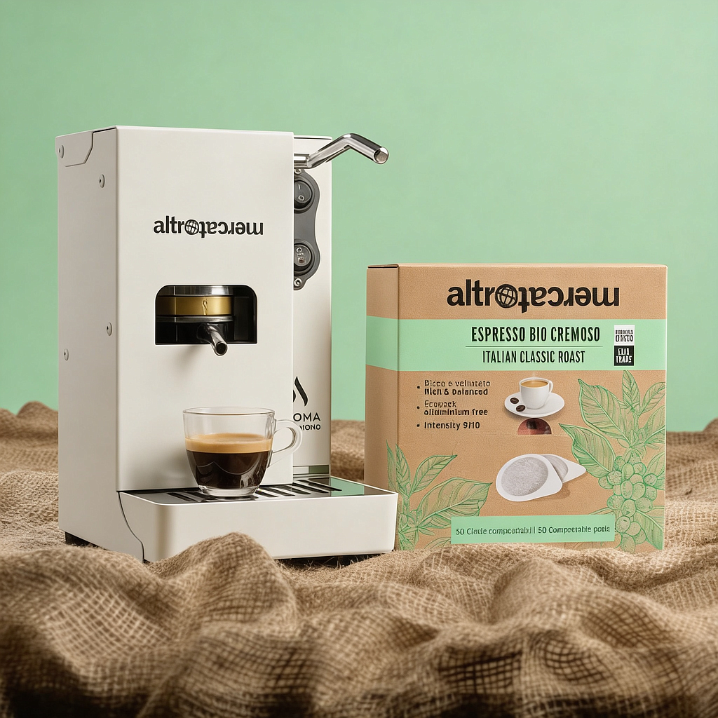 Macchina caffè in cialde Aroma Plus Mono con 50 cialde ese Espresso Cremoso BIO Altromercato