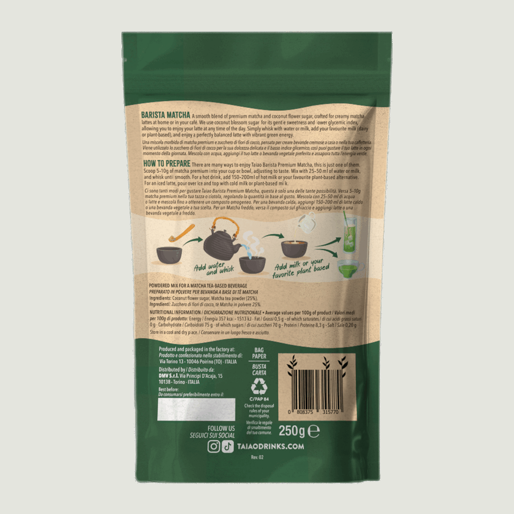 Etichetta retro TAIAO - Preparato - MATCHA - BARISTA PREMIUM250 gr